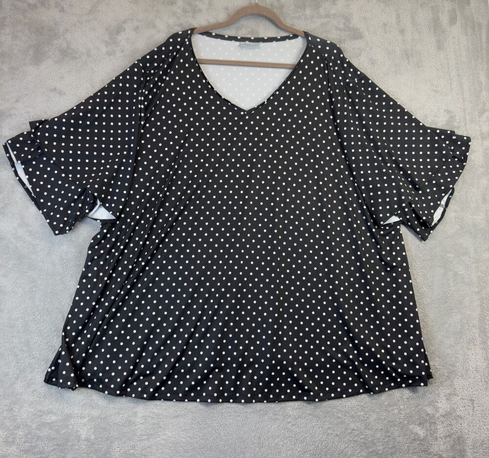 Catherines Blouse Womens 4X Black Short Sleeve Polka Dot Stretch Plus Size Top